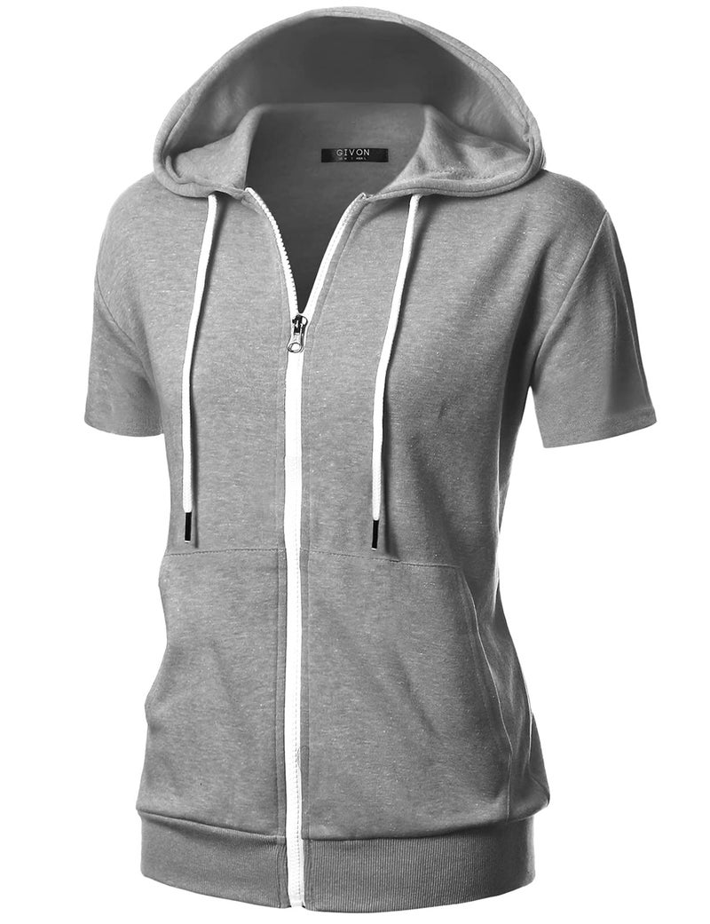 GIVON Womens Slim Fit Zip Up Hoodie Short Sleeve Thin Jacket Full Zip Sweatshirt with Plus Size / DCF207-GREY-L - Image 1